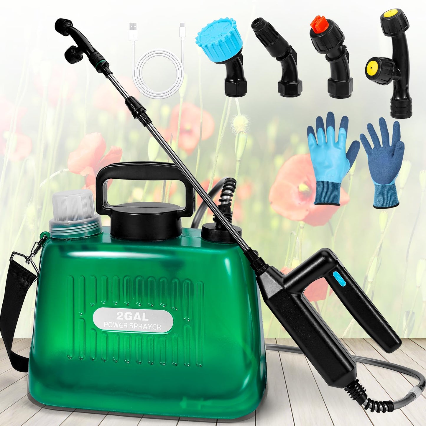 WYRJXYB Battery Powered Sprayer 2 Gallon, Upgrade Electric Garden Sprayer with 4 Mist Nozzles,USB Rechargeable Handle,31in Telescopic Wand,1 Glove,Portable Garden Sprayer for Yard Lawn Garden Watering