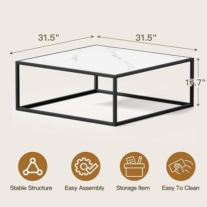 31.5" Square Coffee Table, Mid-Century Modern White Center Table for Living Room, Floor Table for Sitting on The Floor, Wood Cocktail Tea Contemporary Tables with Metal Frame for Office Apartment Home