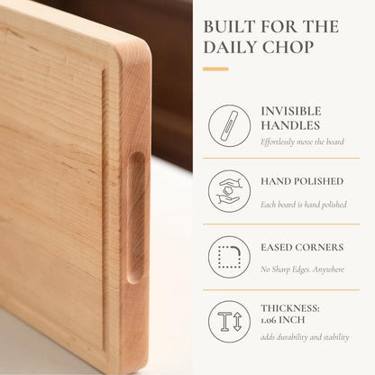 Vandroop Hard Maple Cutting Board for Kitchen - 16"x10"x1.06" Reversible Wood Chopping Board with Juice Groove, Edge Grain Butcher Block