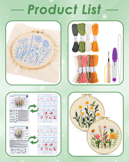 ERKOON Punch Needle Kit Adults Beginners, 2 Pcs DIY Easy Flower Embroidery Set for Starter Art Craft, Needling Punching Project with Patterns, Tools, Yarns, Hoop, Instruction (Daisies)