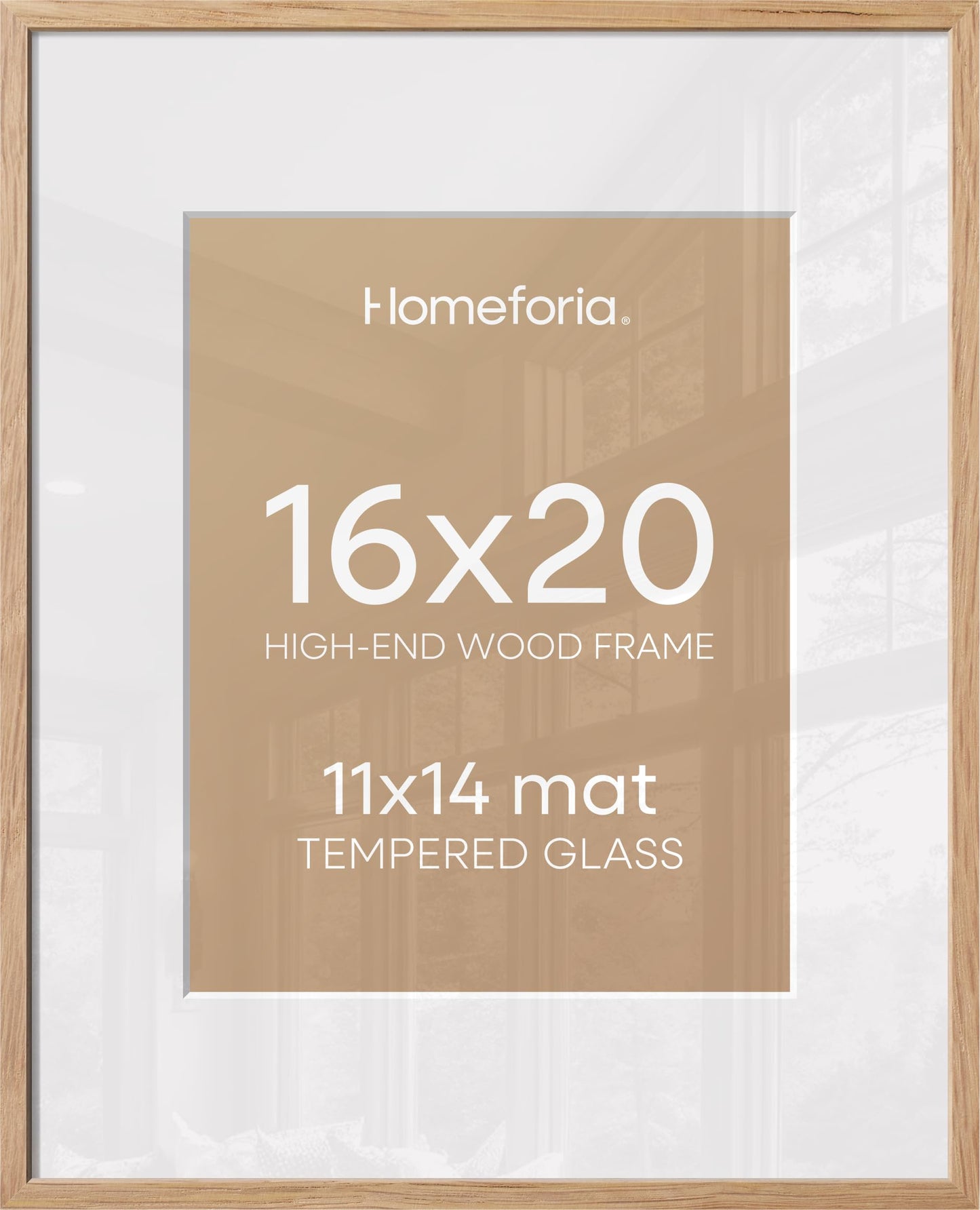 Homeforia 16x20 Wooden Frame, High End Natural Oak 16x20 Light Wood Picture Frame with Mat 11x14, 16 by 20 Poster Frames Matted to 11 x 14 Photo, 20by16 Thin Frames, Tempered Glass, Wall Kit, Set of 1