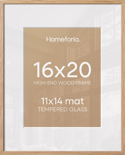 Homeforia 16x20 Wooden Frame, High End Natural Oak 16x20 Light Wood Picture Frame with Mat 11x14, 16 by 20 Poster Frames Matted to 11 x 14 Photo, 20by16 Thin Frames, Tempered Glass, Wall Kit, Set of 1