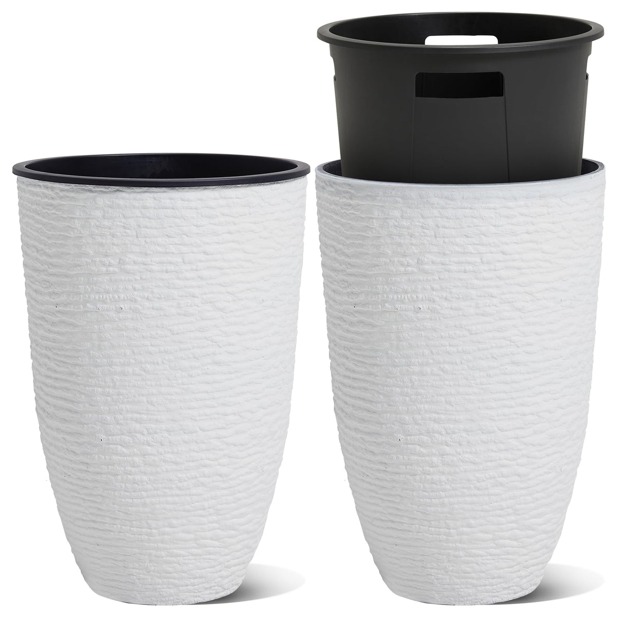 Worth Garden 2-Pack 21" H. White Tall Planters with Inside Pots - 14'' Dia Plastic Large Round Plant Tree Pots - Decorative Imitation Stone Finish for Indoor Outdoor Front Porch Container Patio