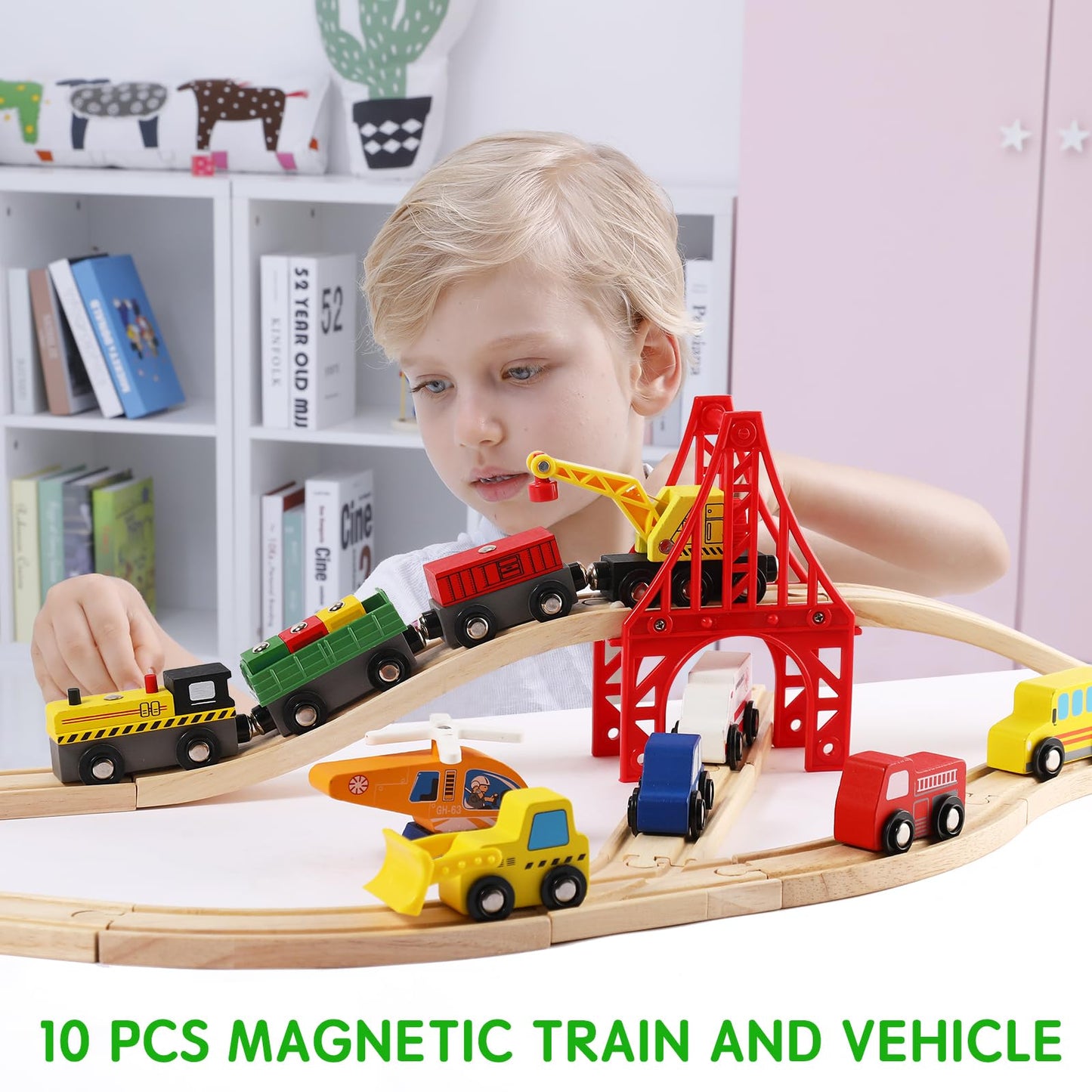 KiToyWod 100 Pcs Wooden Train Track Set, Toy Train with Tracks for Kids Ages 3-10, Compatible with Major Brands, Railway Playset for Boys and Girls Birthday Gift