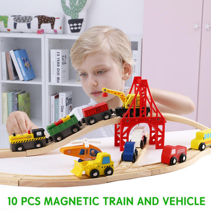 KiToyWod 100 Pcs Wooden Train Track Set, Toy Train with Tracks for Kids Ages 3-10, Compatible with Major Brands, Railway Playset for Boys and Girls Birthday Gift