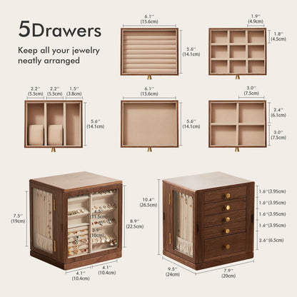 CHOSIN Black Walnut Wooden Jewelry Box, 360° Rotating Organizer with Glass Lid, 5 Drawers for Earrings, Rings, Necklaces – Vertical Jewelry Storage for Women, Ideal Gift for Her, Fathers Day Gift