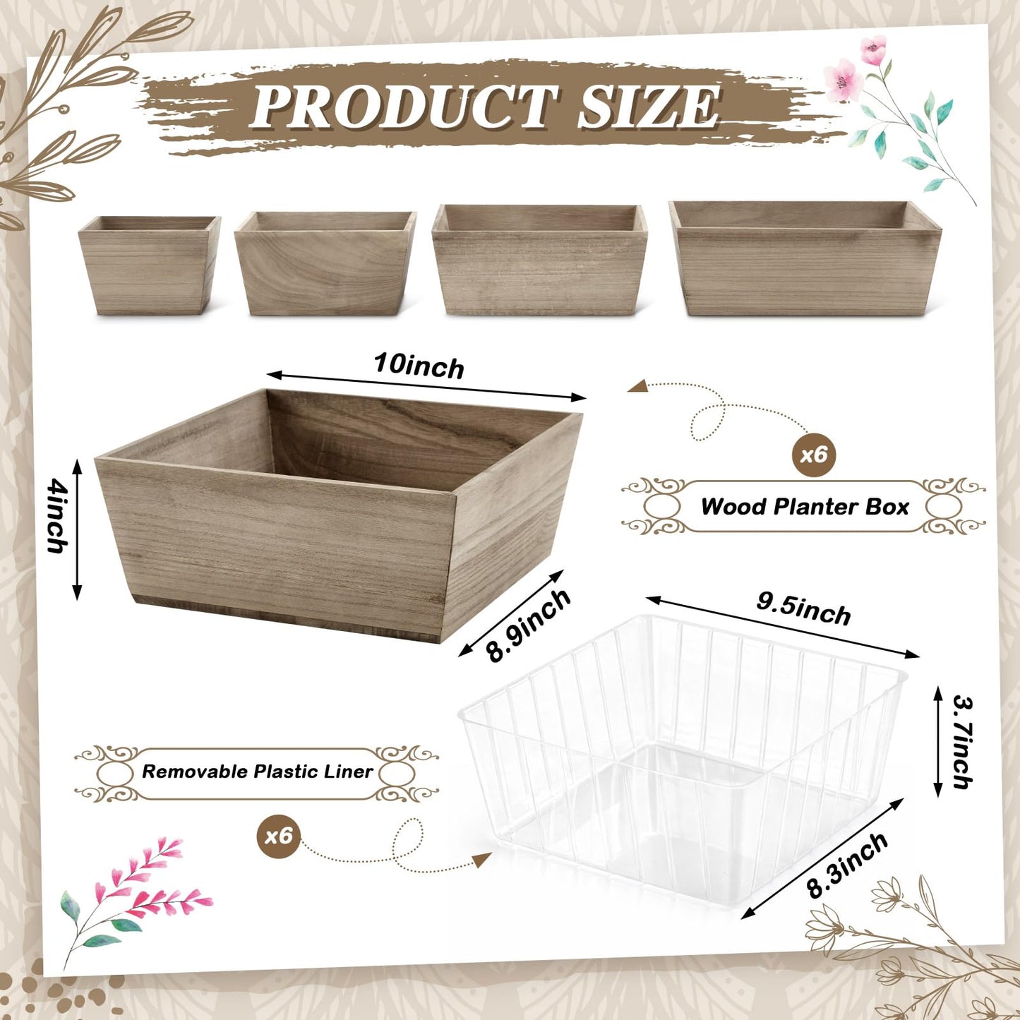 Dandat 6 Set Wooden Centerpiece Box for Wedding Table Decor 10 Inch Rustic Wood Planter Box with Removable Plastic Liner Flower Boxes for Party Wedding Baby Shower Home Garden Decor(Brown)