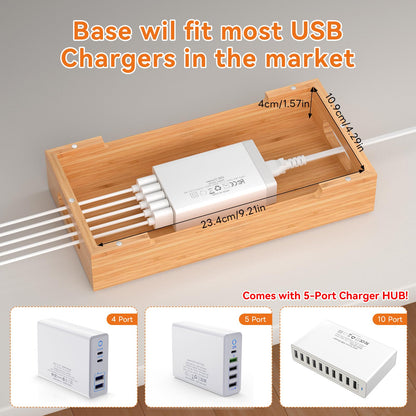 Pezin & Hulin Bamboo Charging Station with Watch Stand, Docking Holder for Multi Device with 5 Port USB Charger HUB, 5 Charge Cables, Desktop Electronic Organizer for Cellphone, Tablet, Watch