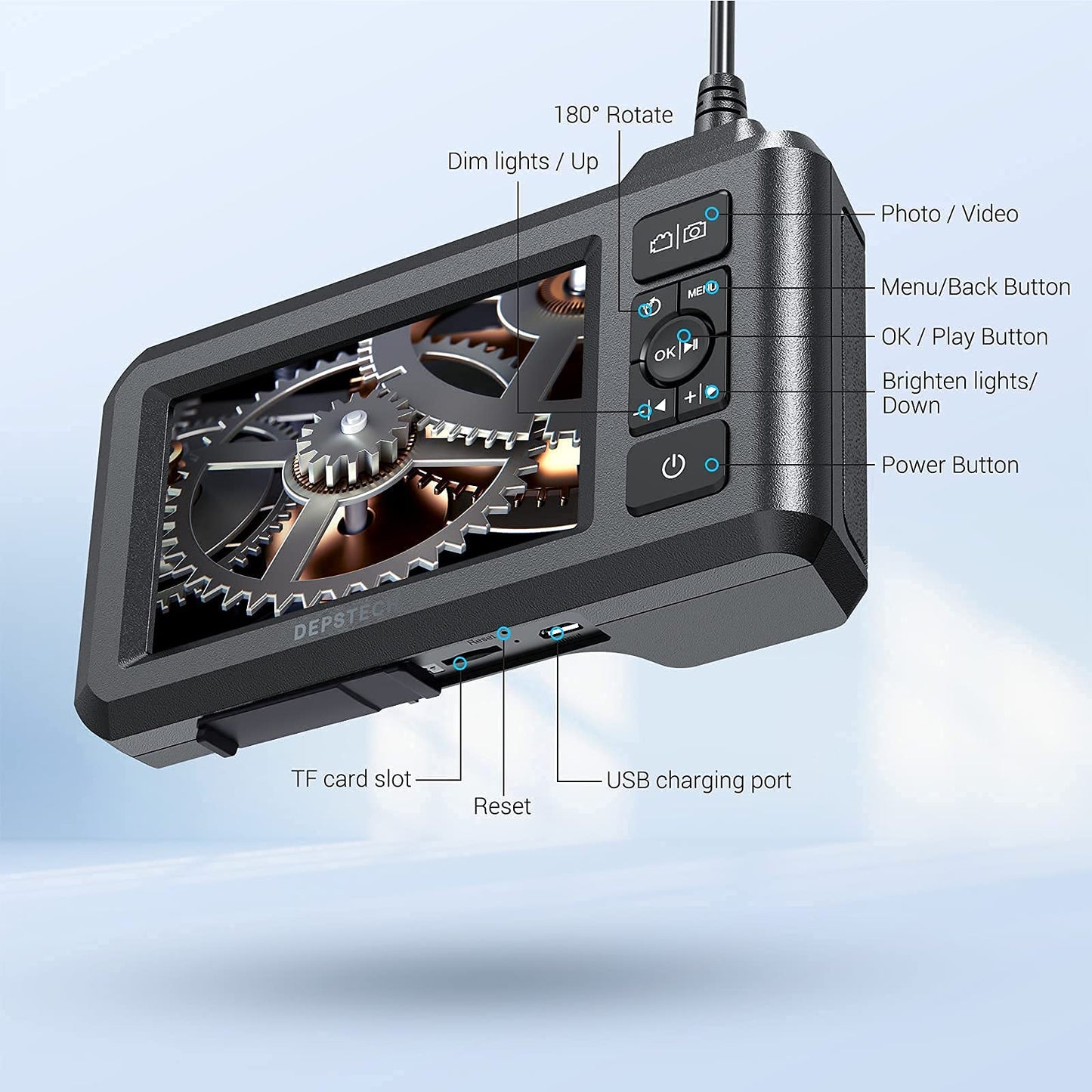 DEPSTECH Dual Lens Industrial Endoscope, 1080P Digital Borescope Inspection Camera, 7.9mm IP67 Waterproof Sewer Camera with 4.3" LCD Screen, 7 LED Lights, 16.5FT Semi-Rigid Cable, 32GB Card-Black