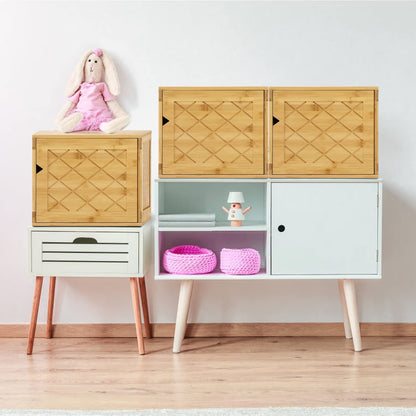 Fasmov Cube Storage Organizer, Bamboo Cube Bookshelf, Stackable Connect Storage Cube Cubby Organizer with Door, Stackable Cubes Bin for Bedroom, Home and Office