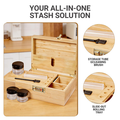 Bamboo Wood Desktop Organizer with 3 Glass Jars and Sliding Tray - Red Multi-Compartment Storage Case for Craft Supplies, Stationery, and Small Accessories (Natural wood colour)