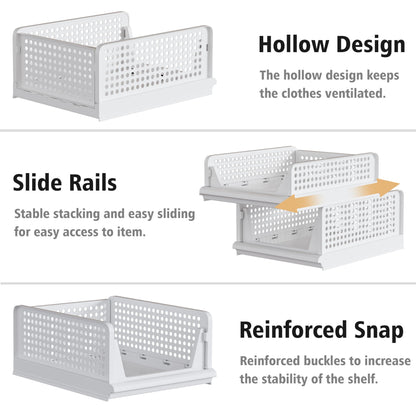 Proarea 4 Pack Stackable Plastic Storage Basket Closet Organizer Bin Foldable Clothes Organizer Storage Drawer Shelf Container for Living Room Bathroom Kitchen Office (2L+2S)