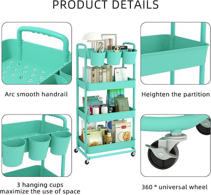 JIUYOTREE 4-Tier Plastic Rolling Storage Cart Utility Cart with Extra Hanging Cups Handles Lockable Wheels for Living Room Bathroom Kitchen Office Green