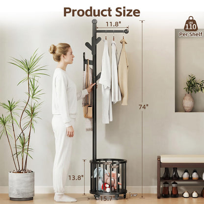 Uniclinens Freestanding Wooden Coat Rack with Umbrella Holder，Black Coat Rack with Hooks, Space-Saving Entryway Organizer for Hanging Clothes and Storing Towels, Bedroom, Living Room