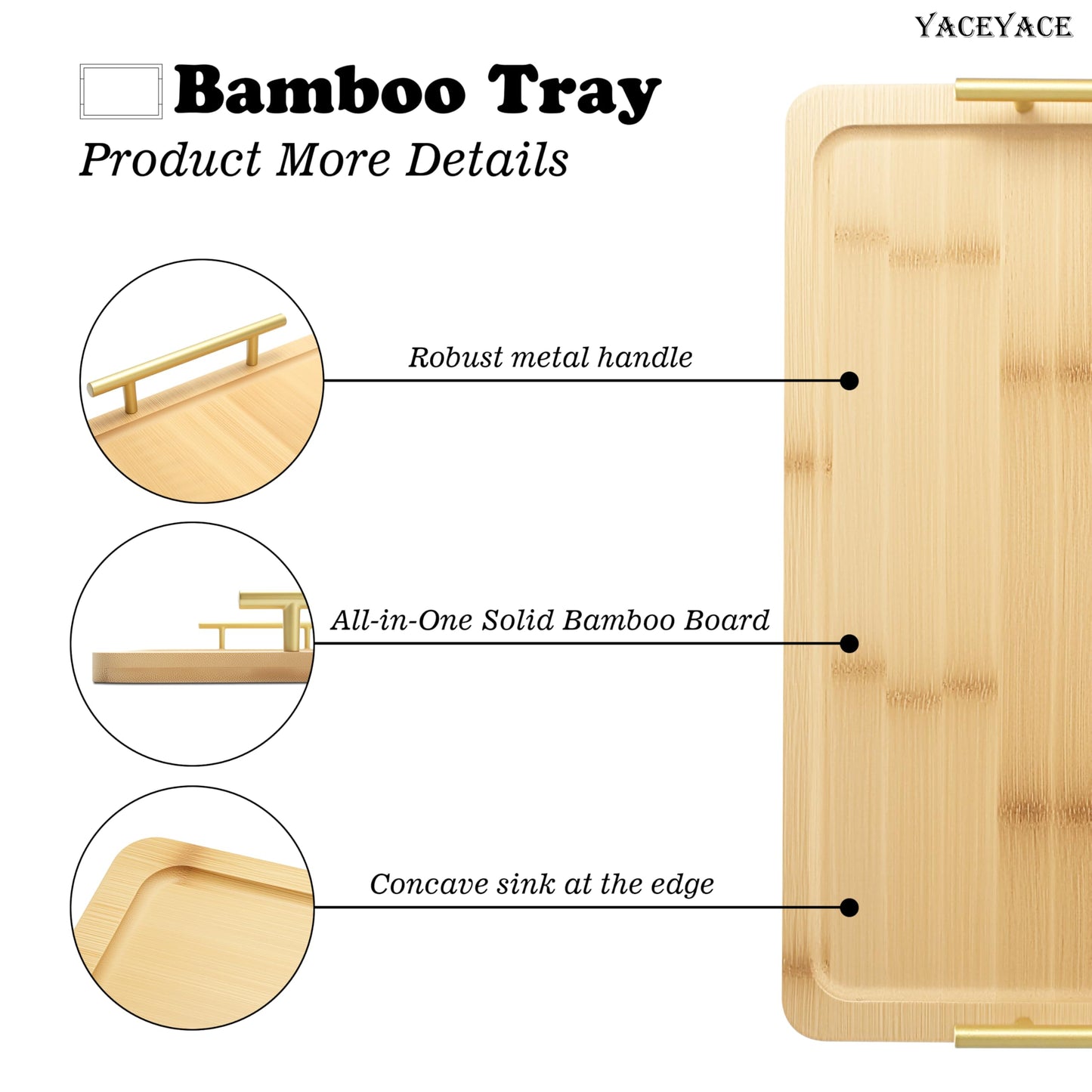 YACEYACE Serving Tray with Handles, 15"x11.4"x1.75" Large Bamboo Serving Tray for Ottoman Coffee Table, Home Decor Trays for Breakfast,Bathroom,Drink