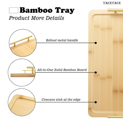 YACEYACE Serving Tray with Handles, 15"x11.4"x1.75" Large Bamboo Serving Tray for Ottoman Coffee Table, Home Decor Trays for Breakfast,Bathroom,Drink