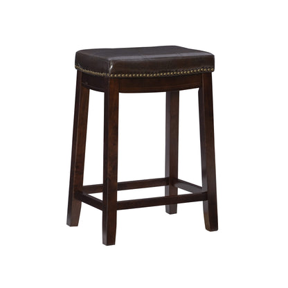 Linon Kingston Brown Wooden Backless 26.5 Inch Seat Height Counter Stool with Brown Faux Leather Upholstered Seat and Nailheads