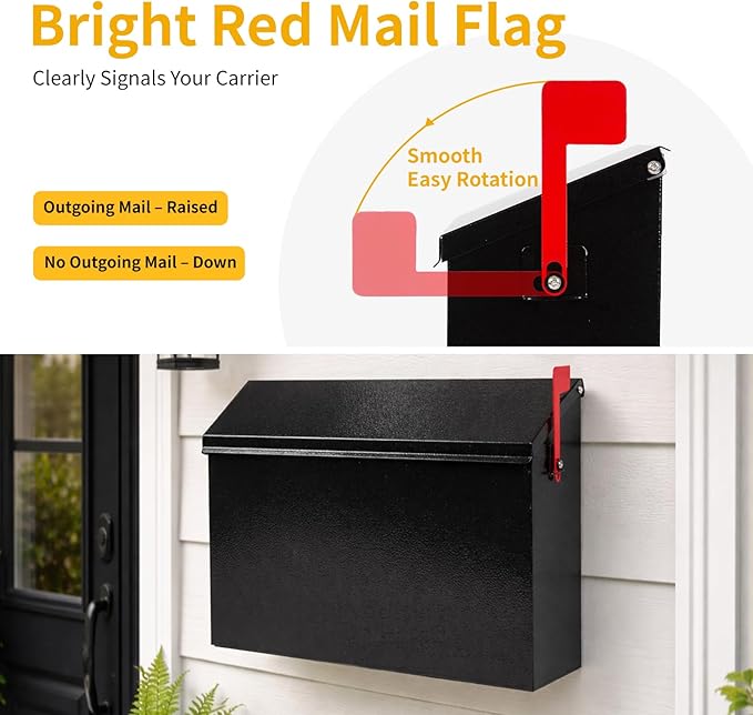 RAINHOL Wall Mount Mailbox for House Outside, Large Capacity Outgoing Mail Box with Red Flag Kit, Galvanized Steel Rust-Proof Mailboxes for Outside, Black Metal Post Box, 14.2 x 9.5 x 3.9 Inches