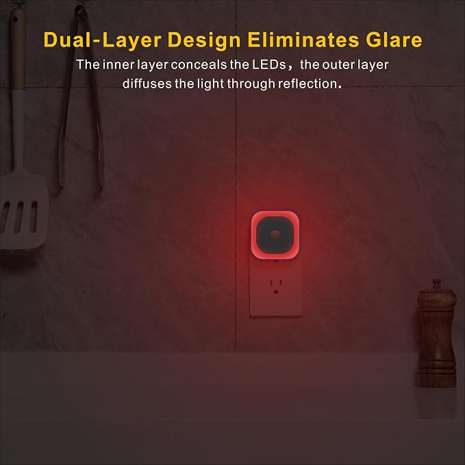 YUNLEX 2 Pack Plug in Red Night Light with Motion Sensor & Dusk to Dawn Sensor, Soft Glow, 0% Blue Light, Dimmable, Auto On/Off, 3 in 1 LED Lights for Bedroom, Kids, Bathroom, Hallway