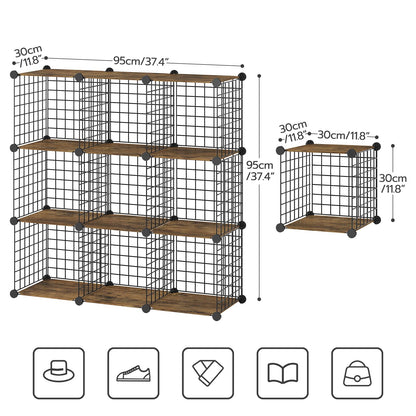 HOOBRO Floating Shelves for Wall and Wire Cube Storage Organizer, Wall Mounted Shelf Set of 2, 9-Cube Shelves, Modular Shelves with Metal Grid, DIY Closet Cabinet, BF40BJ01-BF09CW01