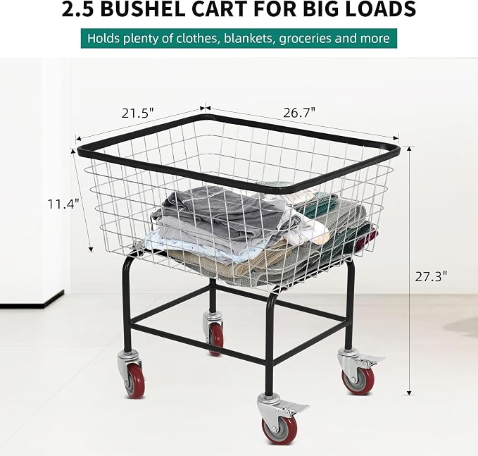 Large Rolling Laundry Cart with Wheels Holds 2 Washer Loads, Wire Laundry Basket, Heavy-Duty Steel Storage Basket with Galvanized Finish, for Commercial or Home Laundry