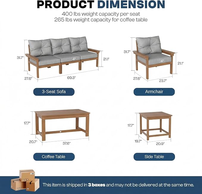HDPE Outdoor Patio Furniture Set, 7-Piece Patio Conversation Sets with Coffee Table & Side Table & Grey Washable Thick Cushions, Outdoor Sofa for Balcony, Porch, Poolside (Teak Frame)