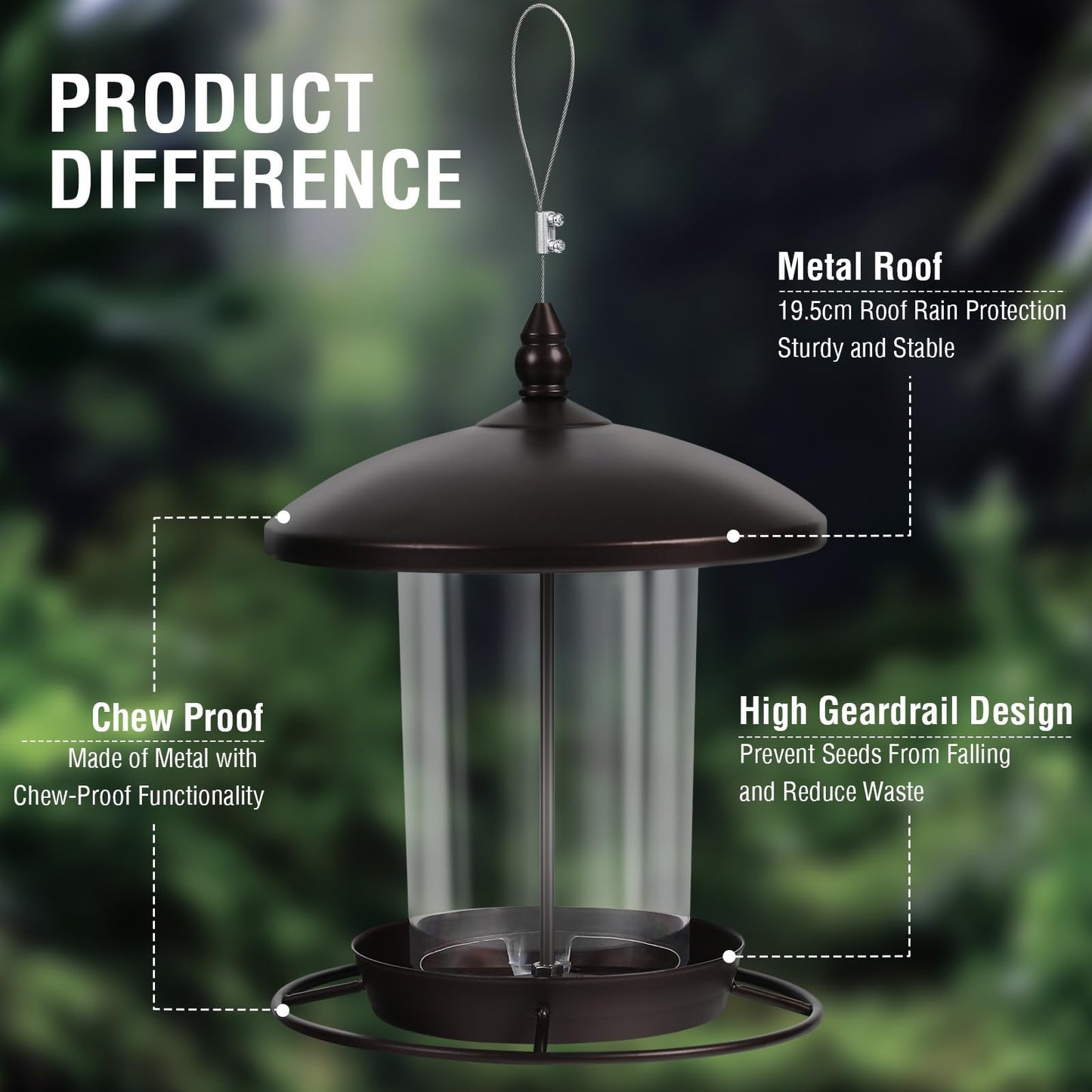 Metal Bird Feeder for Outdoors Hanging,3.0LB Seed Feeder,Easy to Fill & Clean,360° Feeding,Weatherproof Roof for Gardens and Wild Birds,Brown