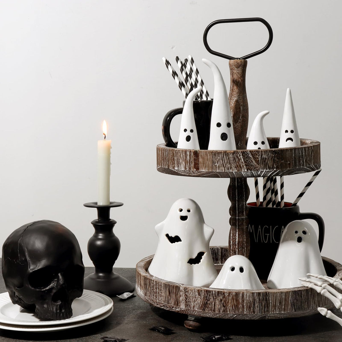 Pawliss Halloween Decor Ceramic Ghost: 4 pcs Cute Halloween Decorations Indoor, Rustic Witch Hat Shape Ghost Figurine, Farmhouse Table Desk Tiered Tray Mantel Fireplace Decor for Kids Home Office