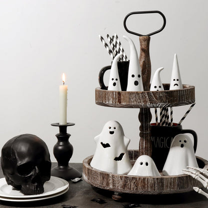 Pawliss Halloween Decor Ceramic Ghost: 4 pcs Cute Halloween Decorations Indoor, Rustic Witch Hat Shape Ghost Figurine, Farmhouse Table Desk Tiered Tray Mantel Fireplace Decor for Kids Home Office