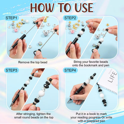 Kolldenn 56 Pcs DIY Beadable Bookmarks and Beadable Pens Kit Multicolor Bulk Metal Bookmarks Black Ink Pens with Refills Pen Packaging for Student Teacher School Craft Gift