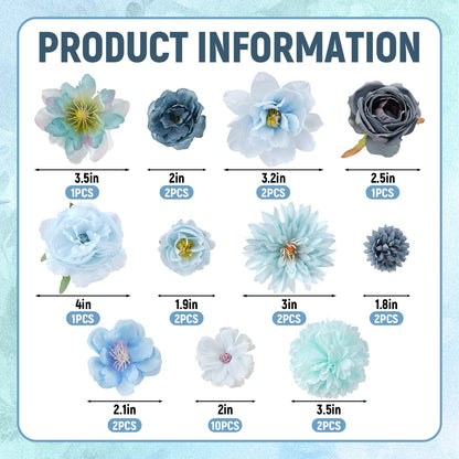 Haakong 27 Pcs Small Silk Artificial Faux Flowers for DIY Craft Supplies for Wedding Party Graduation Home Decor (Blue)