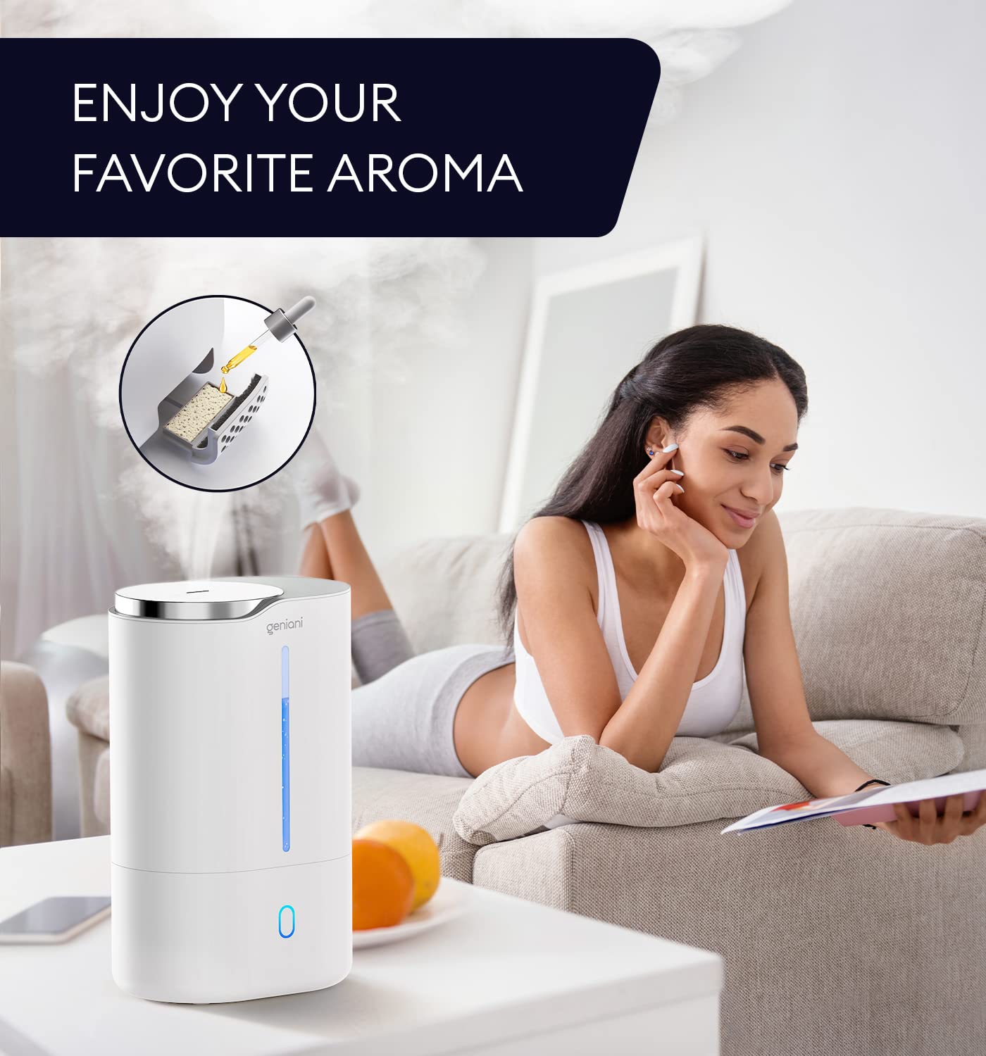 GENIANI Ultrasonic Cool Mist Humidifier for Bedroom, Large Rooms, Home, 4L - Easy Fill & Clean Humidifier for Plants w/Auto Shut-off, 40H Runtime - Quiet, Top Fill Air Humidifier