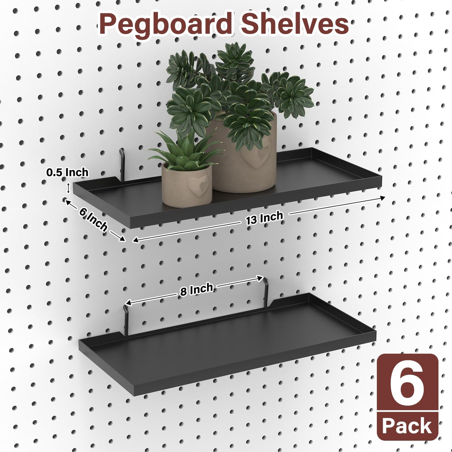 SSNEWOG 13X6 Inch Pegboard Shelves Set of 6, Metal Peg Board Shelves Accessories, Flat Display Shelves for Pegboard, Metal Retail Display for Storage and Organization, Black