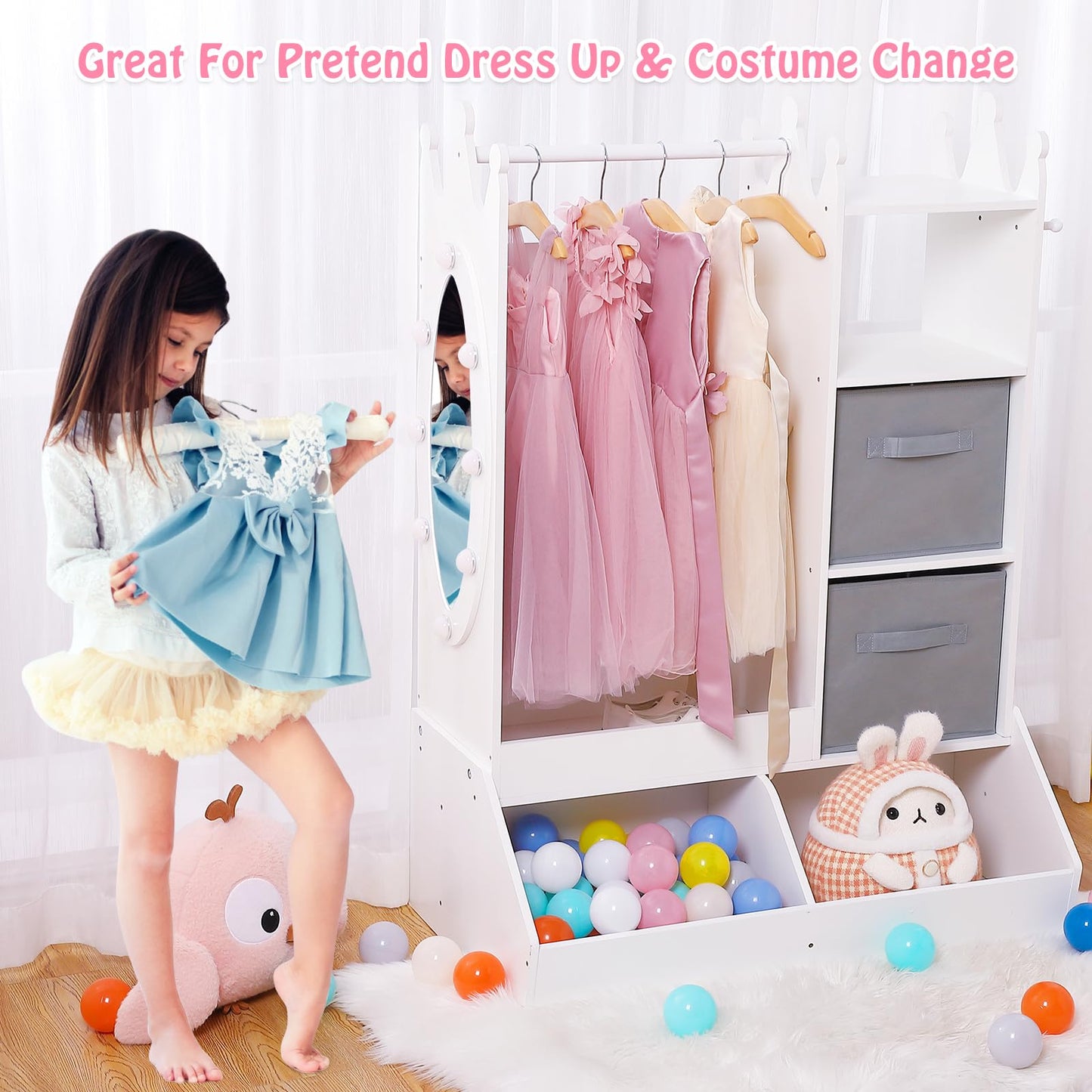 JoanKaren Dress-Up Storage for Girls - Ample Storage, Mirror with Touch Light, Multi-Functional Organizer, White