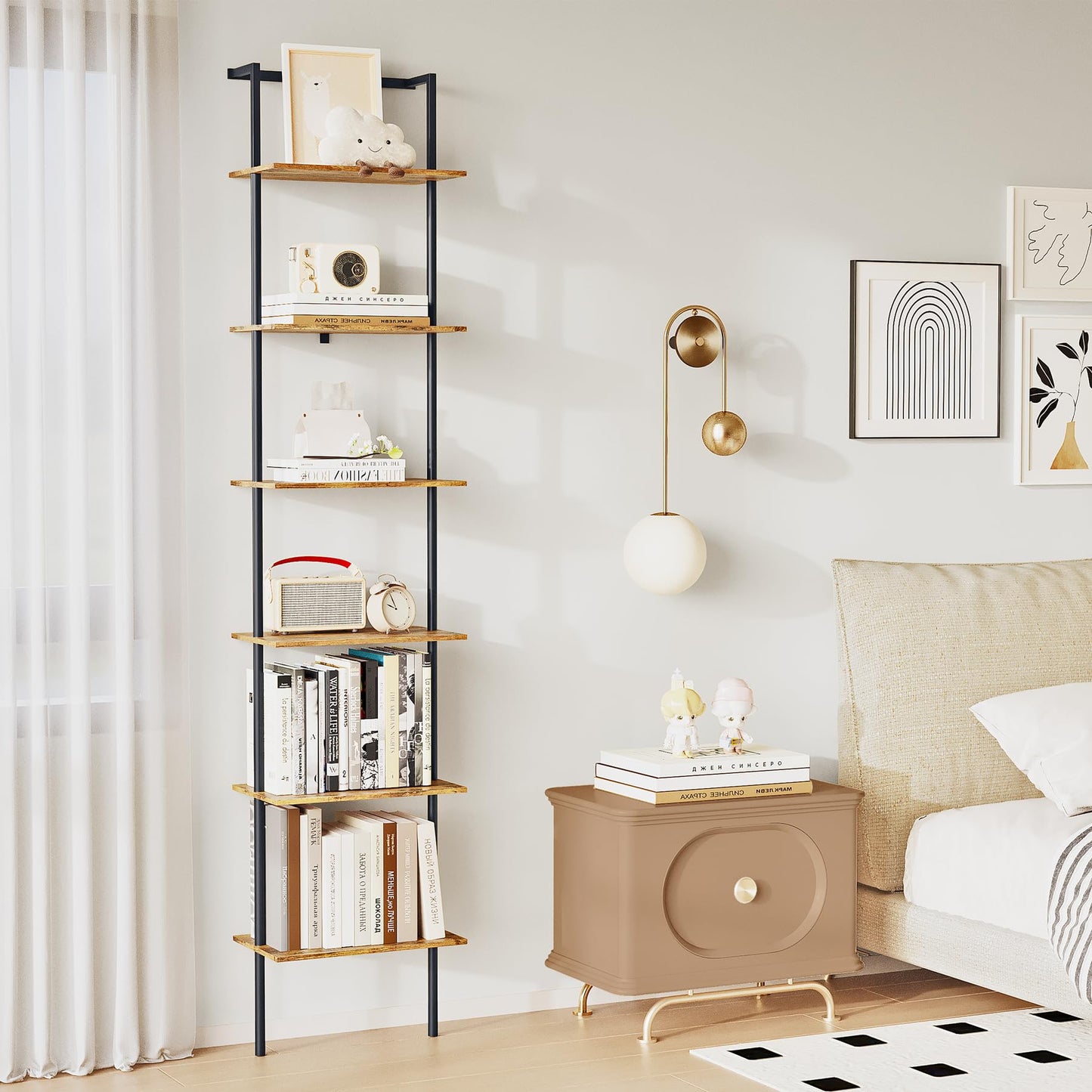 POBOMULI 6-Tier Ladder Shelf, 77 Inches Wall Mounted Ladder Bookshelf with Metal Frame, Wood Tall Open Storage Rack and Display Shelves for Home Office Bedroom Living Room, Rustic Brown