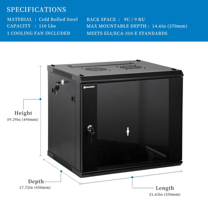 RackPath 9U Wall Mount Network Rack Cabinet – Quiet Cooling Fan, Locking Glass Door, 17.7" Deep (450mm), Removable Locking Side Panels, Fits 19" IT & A/V Equipment