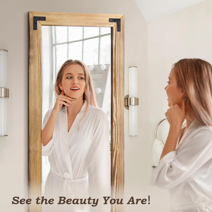 YNCLCS 55"x22" Full Length Mirror with Wooden Frame，Natural Wooden Standing Mirror, Solid Wood Frame, Hanging or Leaning Wall-Mounted, Suit for Farmhouse, Living Room, Bedroom (Light Brown)