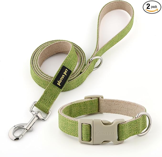 Plutus Pet Cotton Hemp Dog Collar and Leash Set, Adjustable Collar for Small, Medium, and Large Dogs, Heavy Duty and Soft on Skin, Green, L