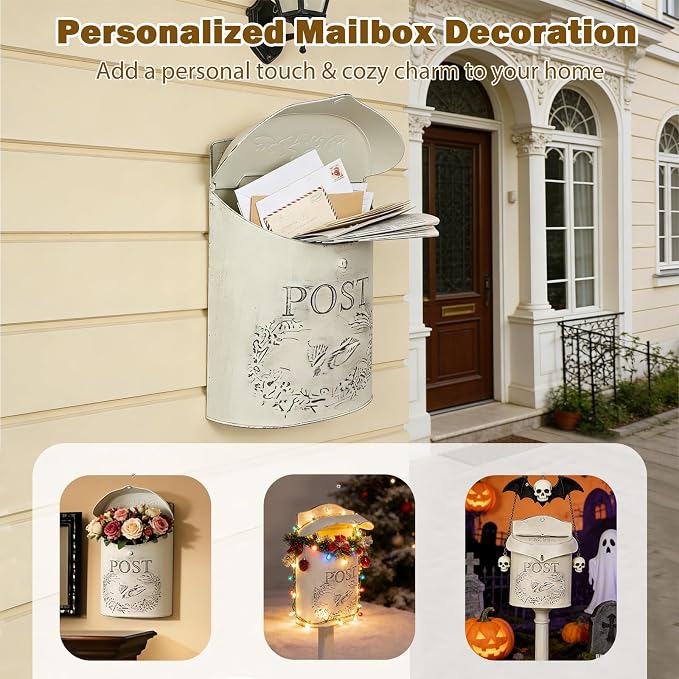 Wall Mount Mailbox for Outside, Metal Vintage Mail Box for Outdoor Decorative, Antique Style Nostalgic Charm Door Mailboxs for Home Garden House Farmhouse Porch Decor-White