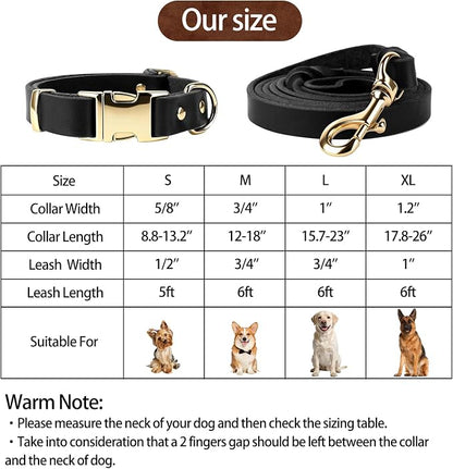 Leather Dog Collar and Leash Set, 6FT Heavy Duty Leather Training Leash with Adjustable Dog Collar, Soft and Durable Dogs Leashes and Collars Set for Small Medium Large Dogs (Black, L)