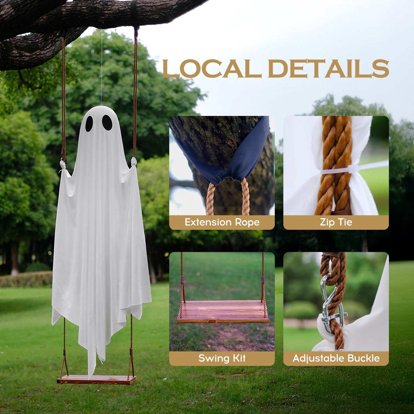 Halloween Decorations Outdoor - 5FT Large Hanging Swing Ghost with Remote Control String Lights & Upgraded Sheet, Scary Ghost Halloween Party Decor Outside for Tree Porch Yard Garden Lawn