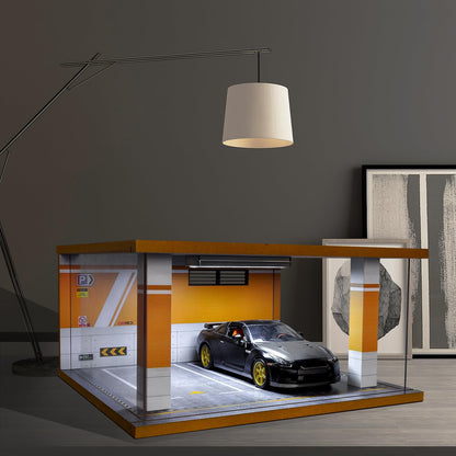 cxiiuui Display Case Car Acrylic Cover 1/24 Scale Parking Garage Wooden Diecast Car Show Case 2 Parking Spaces Yellow and White