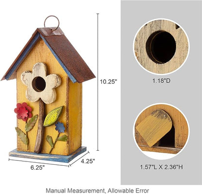 Glitzhome Bird Houses for Outside, 10.25" Wooden Bird House Hanging Birdhouse Distressed Flower Garden Bluebird House for Outdoor, Bird Nest Box for Bluebird Wren Chickadee Sparrow