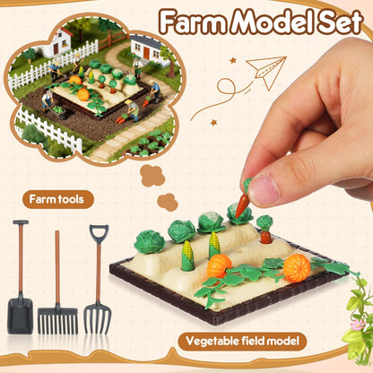 Mini Landscape Vegetable Field Model with 3 Farm Tool Models 1/12 Scale Small Shovel Gardening Tools for Dollhouse Scene Decor 3.54X3.54X0.78 Inch