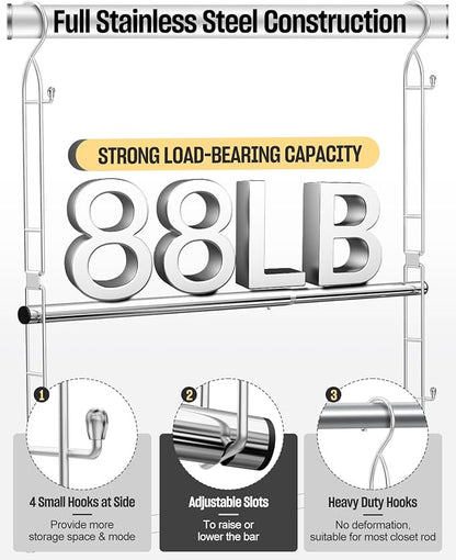 Hanging Closet Rod Stainless Steel, 1 Pack Adjustable Height & Width Closet Rod