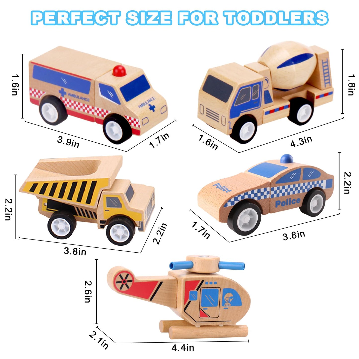 Udeas 5Pcs Premium Wooden Vehicle Toys for Toddlers 1-3 - Police Car, Garbage Truck, Dump Truck, Helicopter & Ambulance | Certified Safe, Montessori Toys, Push and Go Cars for 1+ Year Old Kids
