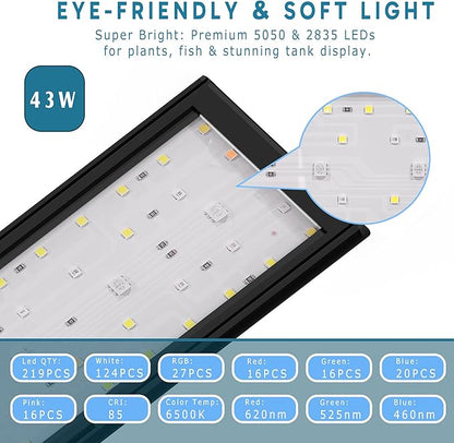 24/7 LED Aquarium Light with Remote for 46-56 Inch Plant & Fish Tank IP68, 12-Color & Gradient & Full Spectrum Light with Timer, Auto On/Off, Brightness, Extendable Brackets for Freshwater