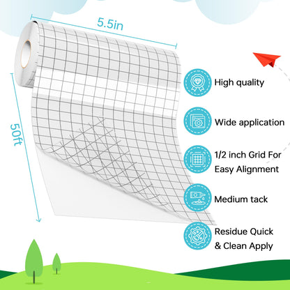 LIKCUT Clear Vinyl Transfer Paper Tape Roll - Medium Tack Gray Grid for Crafting, Compatible Glee S501 for Decals, Signs, Windows & Stickers (5.5in x 50ft)