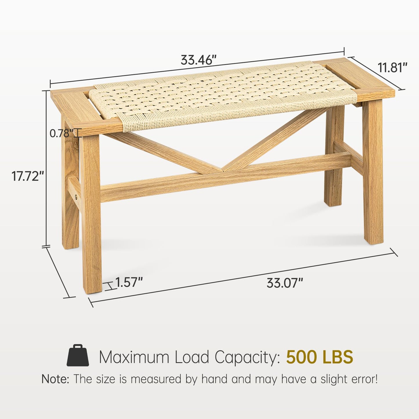 Dechawfon Solid Wood Narrow Bench, 33.46" Woven Bench for Entryway and Hallway, End of Bed Bench with Oak Frame, Boho Accent Bench - 500lbs Capacity (Natural White)