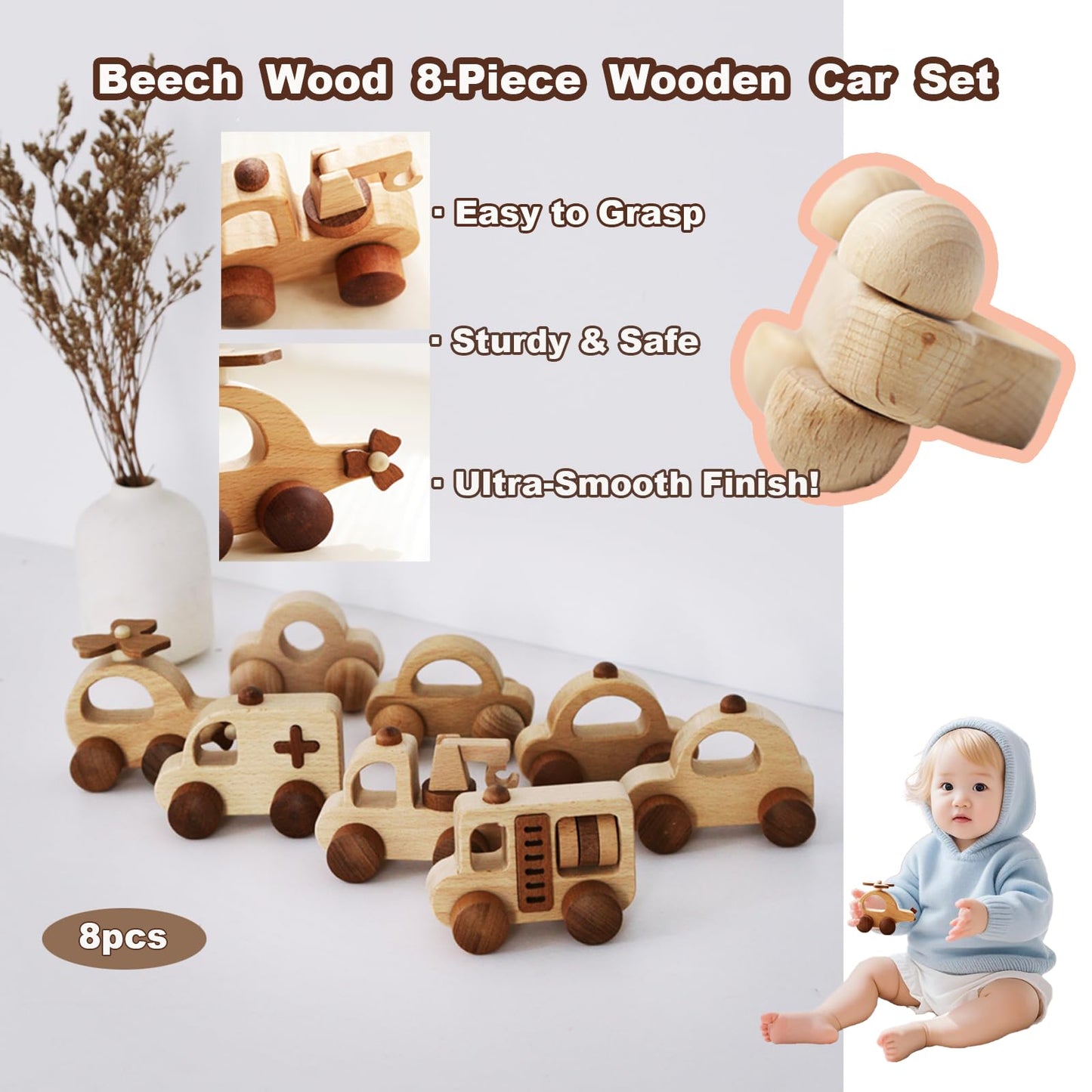 OKULLYSH 8PCS Wooden Baby Toys Montessori Cars FSC Gift Boys Girls 1-3